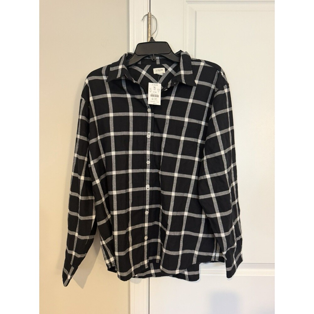 J.Crew Plaid Button Down Shirt Black Gray White Womens Large NWT CC244